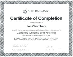 Polished Decorative Concrete Super Abrasive Certificate